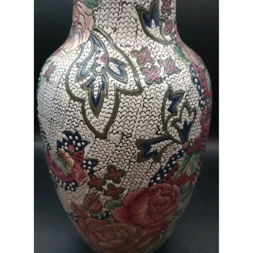 Vintage Tall Textured Porcelain Chinese Vase Hand Painted Raised Flowers 12in